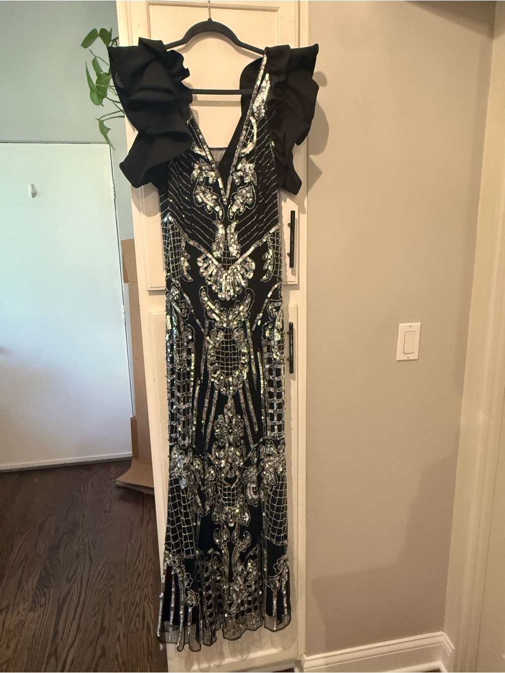ASOS Black Maxi Dress with Silver Sequin Embellishment and Ruffle Shoulders